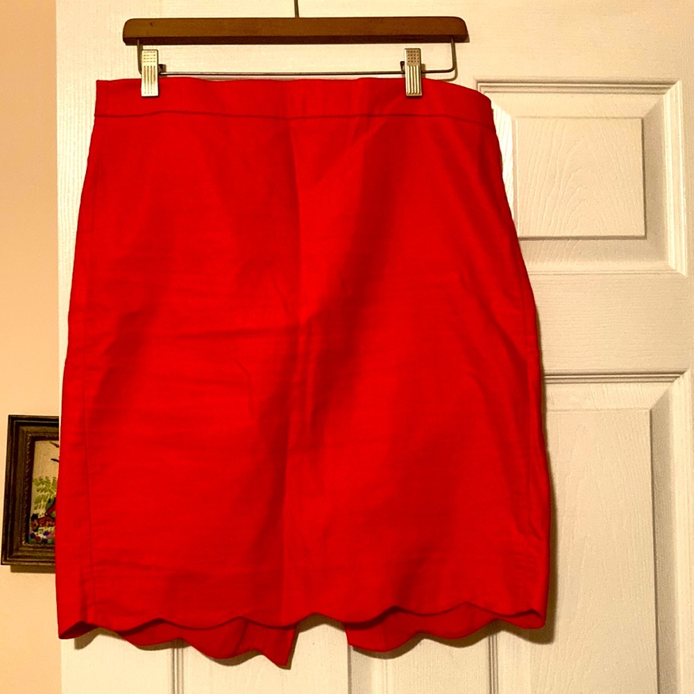 Bright Coral Scalloped Hem Pencil Skirt